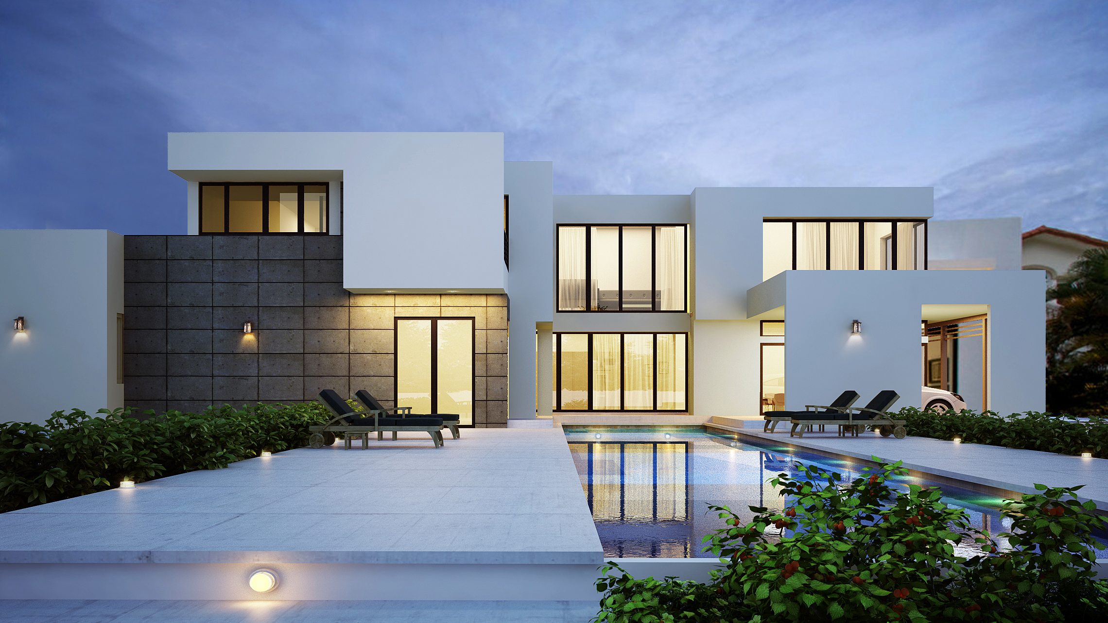 Bungalow with big glass windows having swimming pool in front