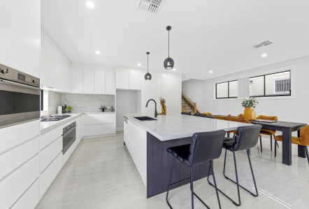 A modern kitchen with white cabinets