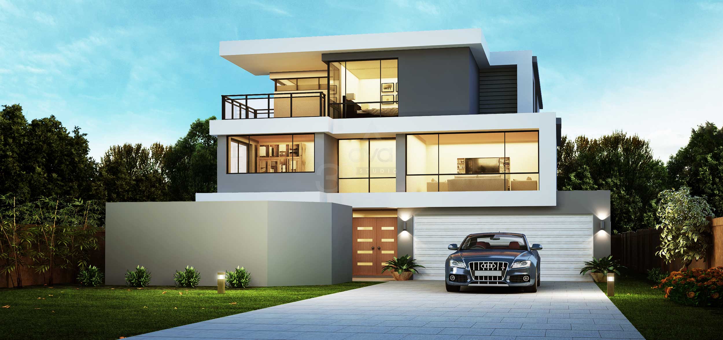 An audi car parked outside a bunglow