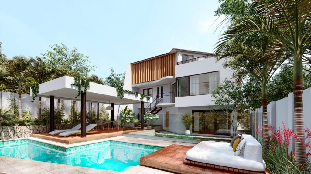 A house with a pool and palm trees