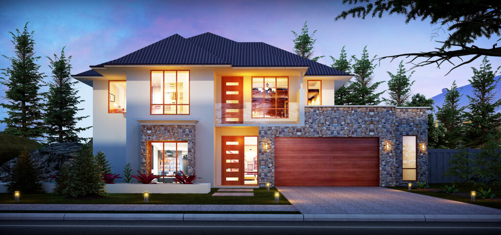 Timber stone house view having roof on top