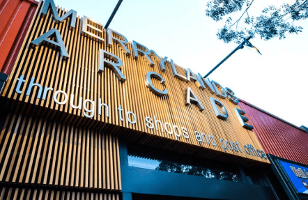 Commercial building with a sign on it